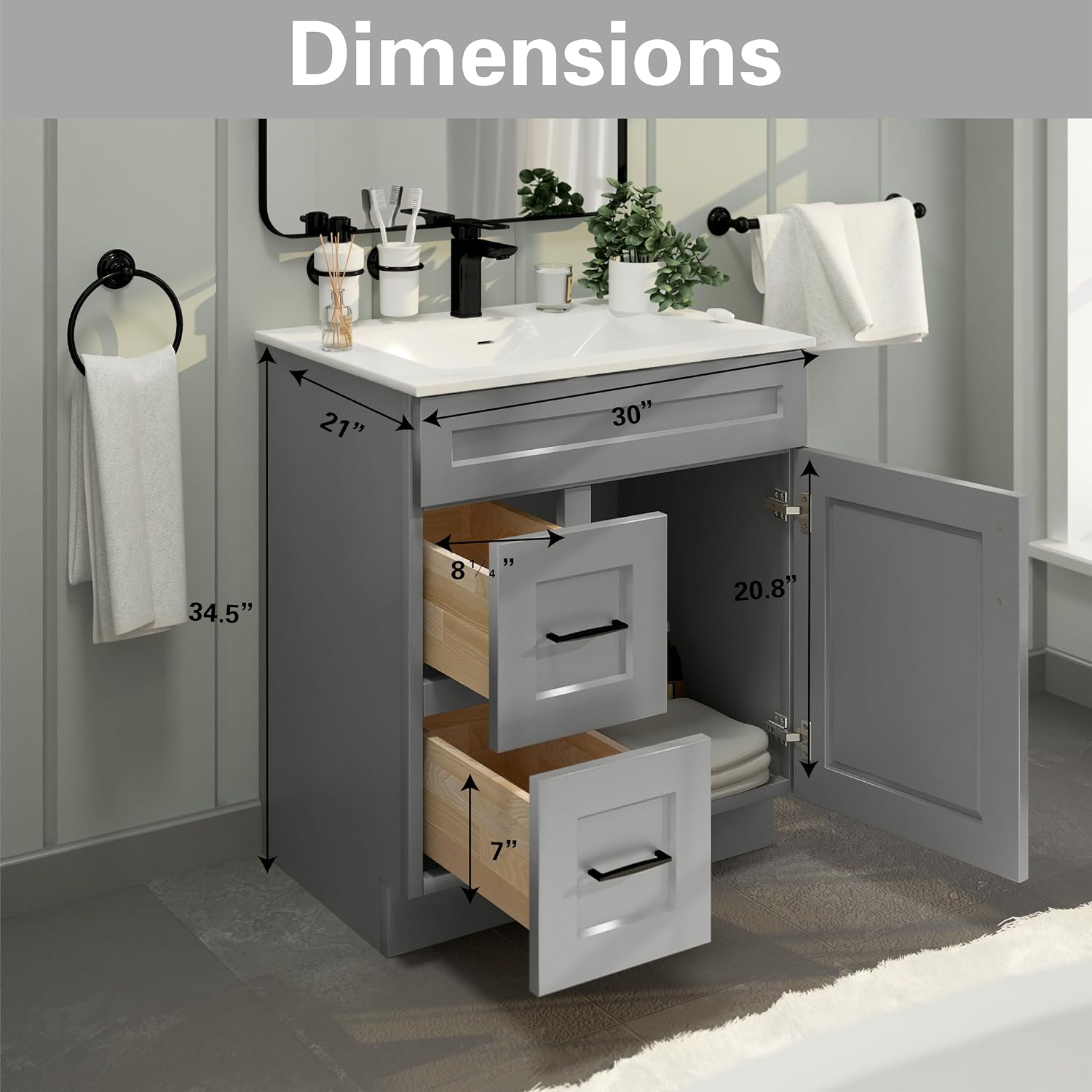 30' Shaker Bathroom Vanity Sink Base with Drawers (Ready-to-Assemble) (Light Grey Shaker Vanity Base)