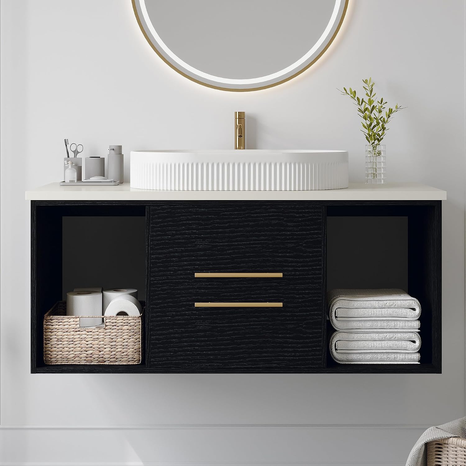 40 Inch Modern Bathroom Vanity Floating Bathroom Vanities with Above Oval Sink 40' Wall Mounted Bathroom Sink Cabinet with 2 Drawers & 2 Open Shelves & Gold Metal Handle, Black