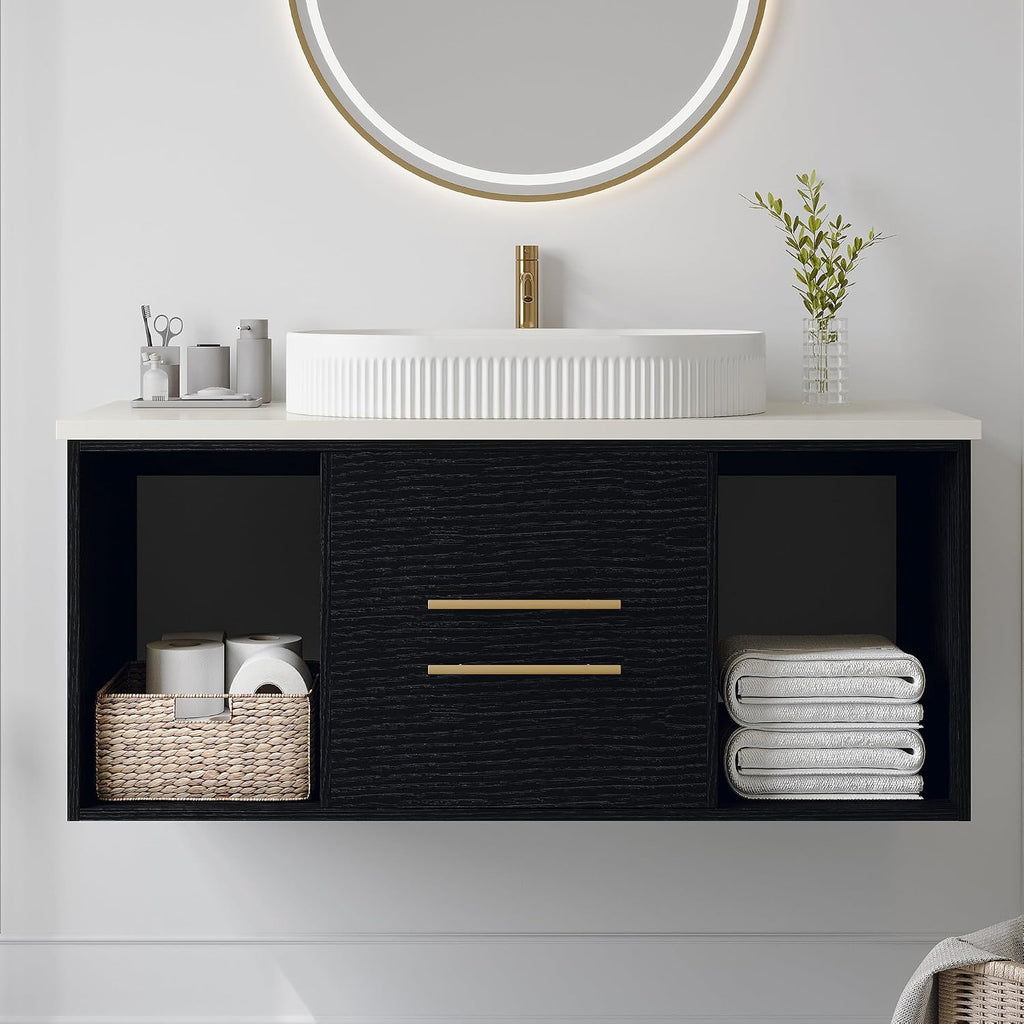 40' Floating Bathroom Vanities with Oval Ceramic Sink, Wall Mounted Bathroom Vanity Storage Cabinet with 2 Drawers and 2 Storage Spaces, Modern Bathroom Sink Cabinet with Gold Metal Handles,Black