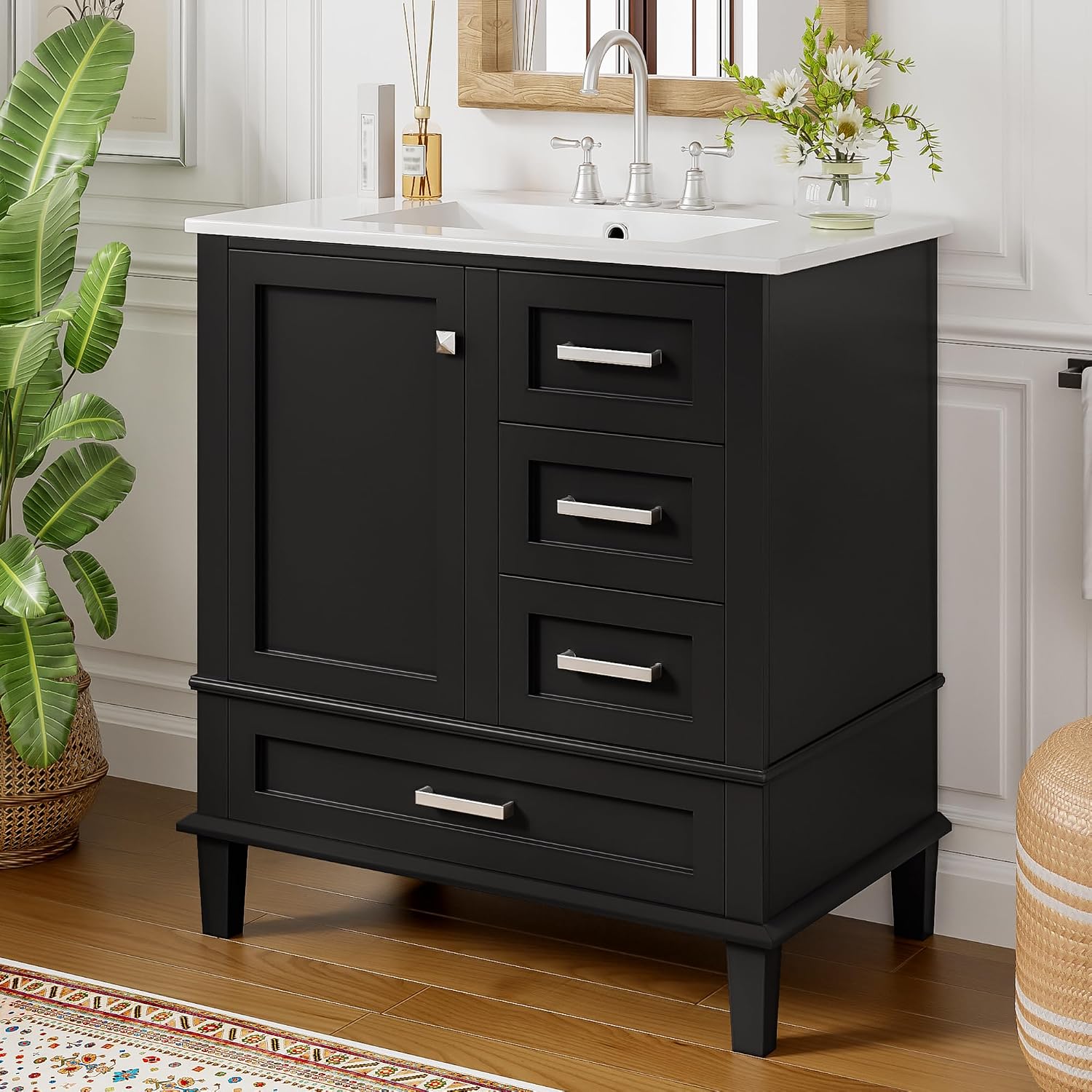 Mirightone 30' Bathroom Vanity with Sink, Bathroom Vanities 30 Inch with Top, Single Sink Bathroom Vanity with 3 Drawers and 1 Soft Closing Door, 30 Restroom Vanity with Cuntertop Sink (Black)