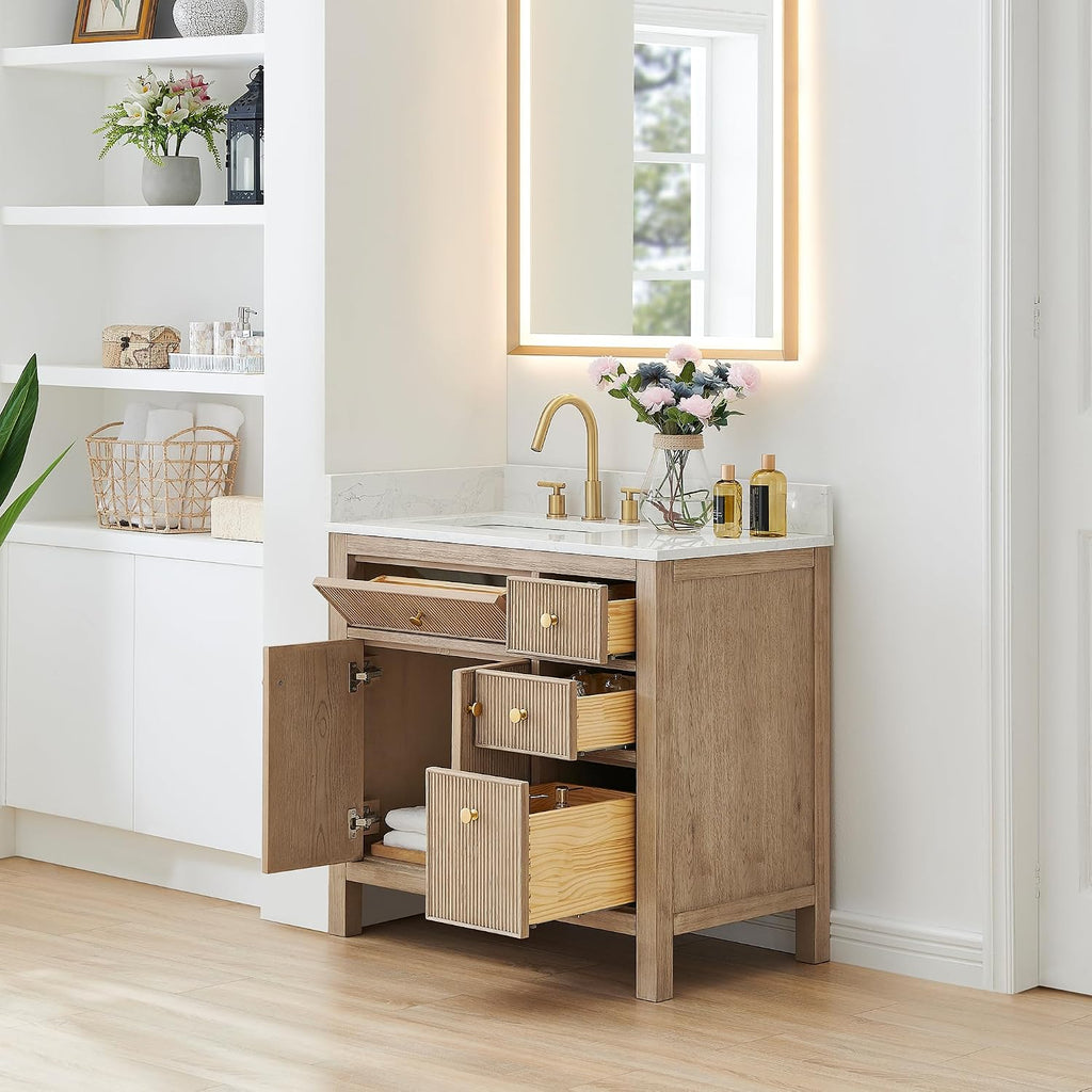 Cerrito 36' Wood Vanity in Nature Oak Engineered Stone Top no Mirror