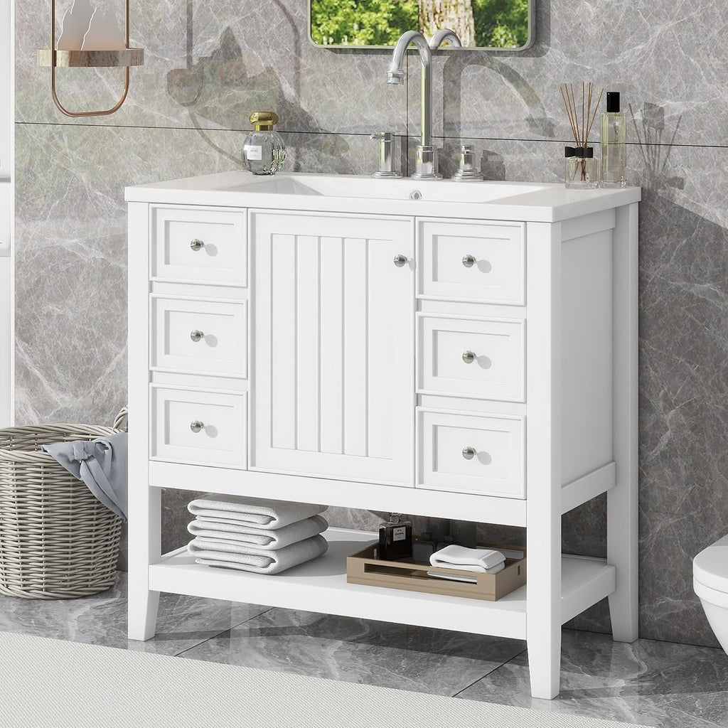 Harper & Bright Designs 36' Bathroom Vanity with Sink, Free Standing Single Basin Vanity Set with One Cabinet and Three Drawers, Wooden Bathroom Cabinet with Ceramic Sink for Bathroom, White