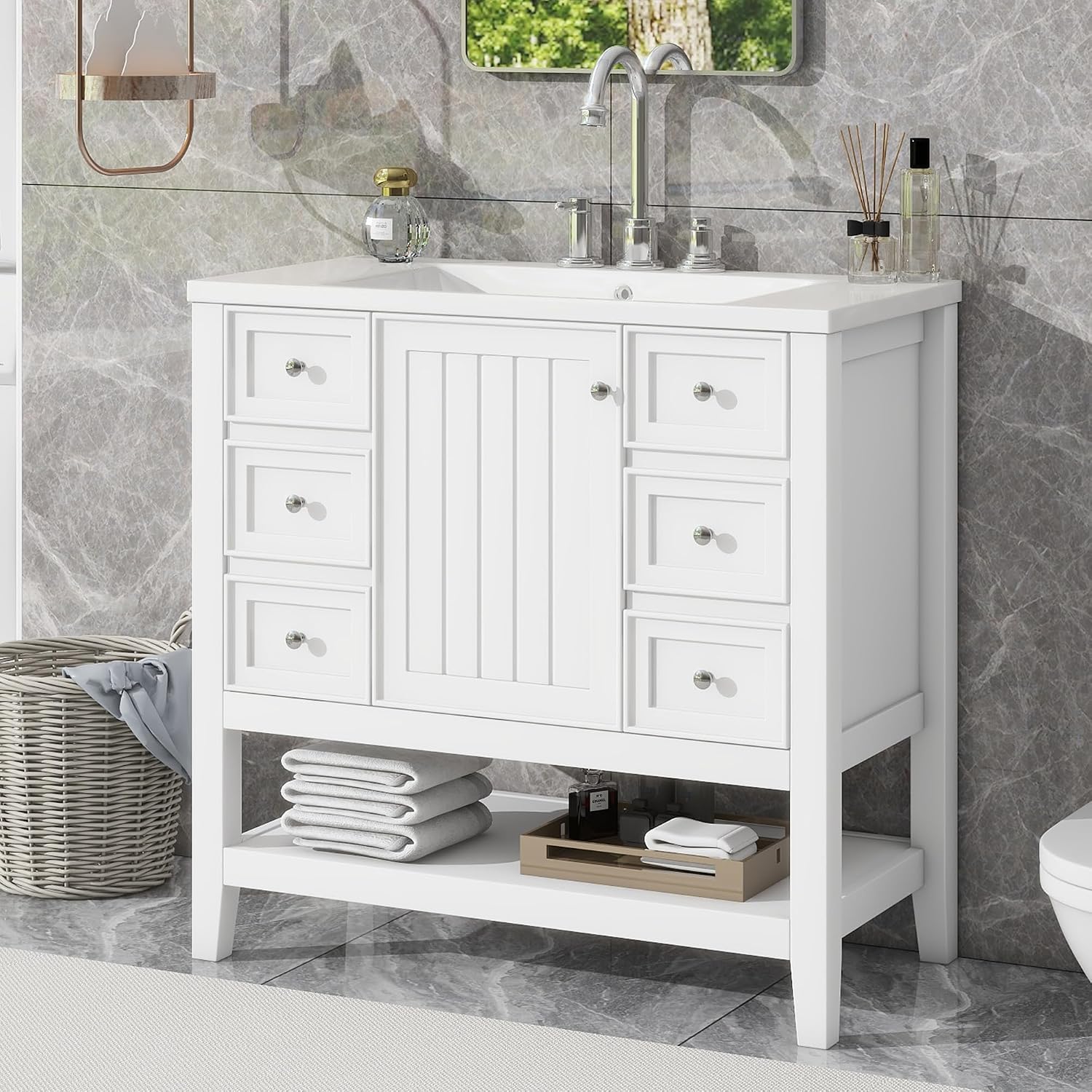 Harper & Bright Designs 36' Bathroom Vanity with Sink, Free Standing Single Basin Vanity Set with One Cabinet and Three Drawers, Wooden Bathroom Cabinet with Ceramic Sink for Bathroom, White