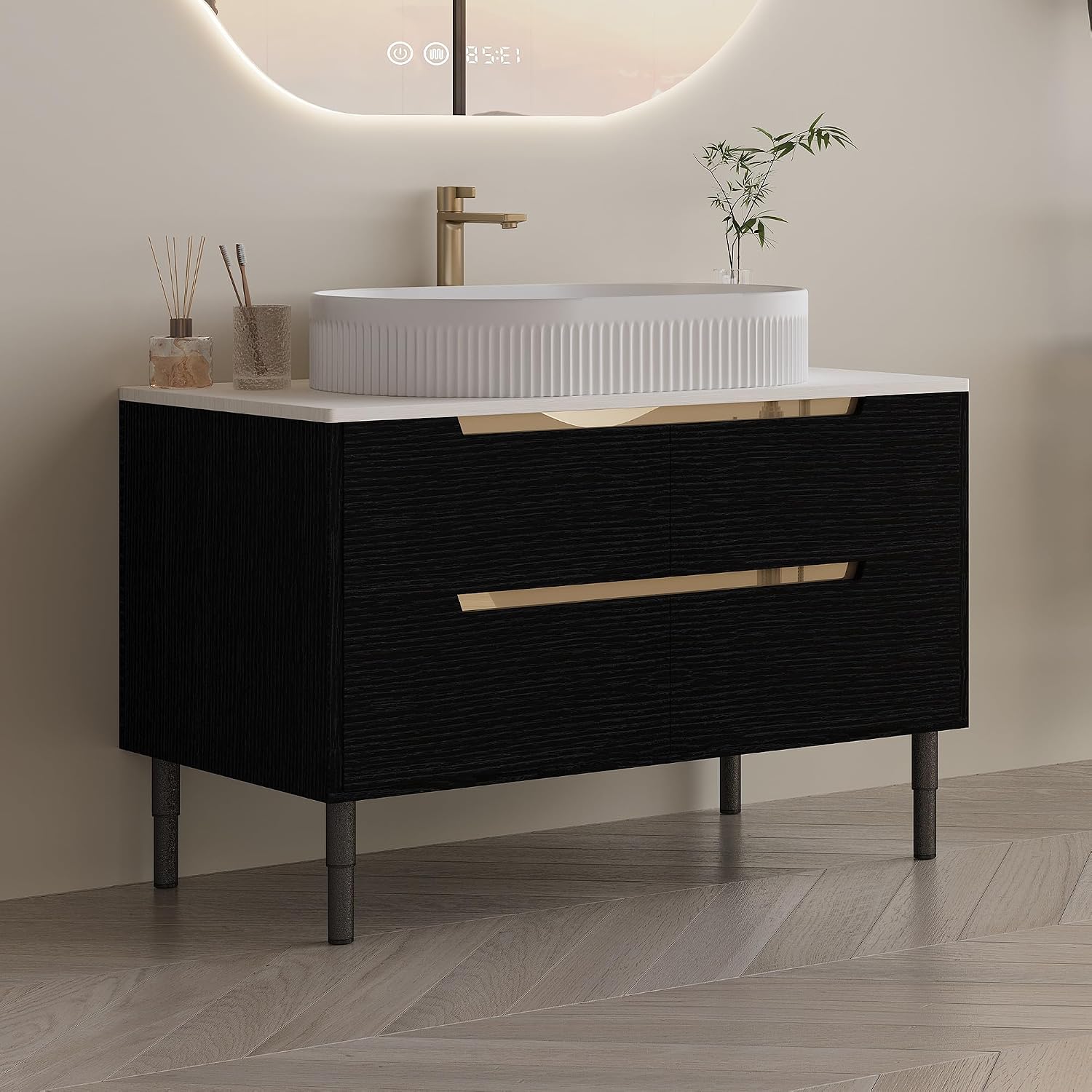 36' Bathroom Vanity with Above Oval Sink Set, Modern Black 2-in-1 Wall Mounted & Freestanding Bathroom Vanity Cabinet with Sintered Stone top&4 Storage Drawers, Bathroom Single Sink Cabinet