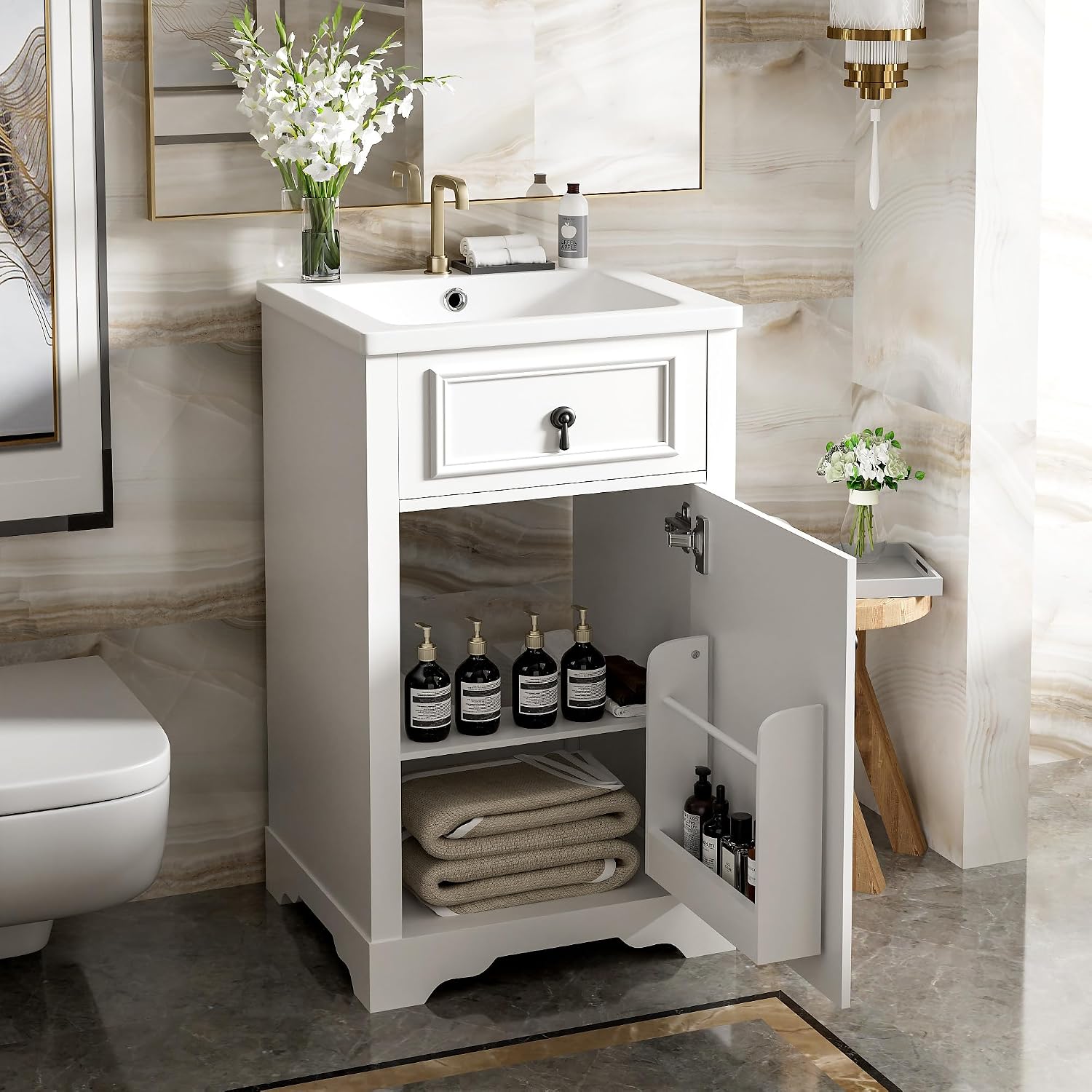 Harper & Bright Designs 20' Bathroom Vanity with Sink, Free Standing Single Basin Vanity Set with Soft Close Door & Adjustable Shelf, Solid Wood Storage Cabinet with Ceramic Basin for Bathroom, White