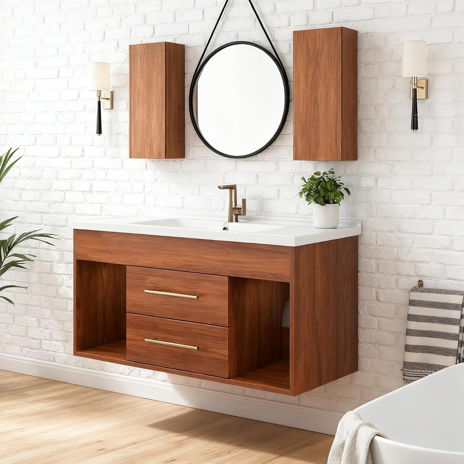 36' Floating Bathroom Vanity with Single Sink, Modern Wall Mounted Bathroom Vanities with Ceramic Basin, Wood Bathroom Vanity Cabinet with 2 Drawers and 2 Open Cabinets, Walnut