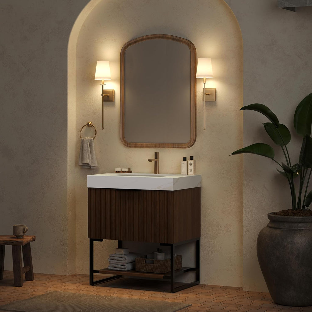 30'' Modern Bathroom Vanity with Sink, Freestanding Oak Plywood Cabinet with Rectangular Acrylic Integrated Basin, Bathroom Vanities Cabinet with Drawer and Open Shelf-Lund, Retro Walnut