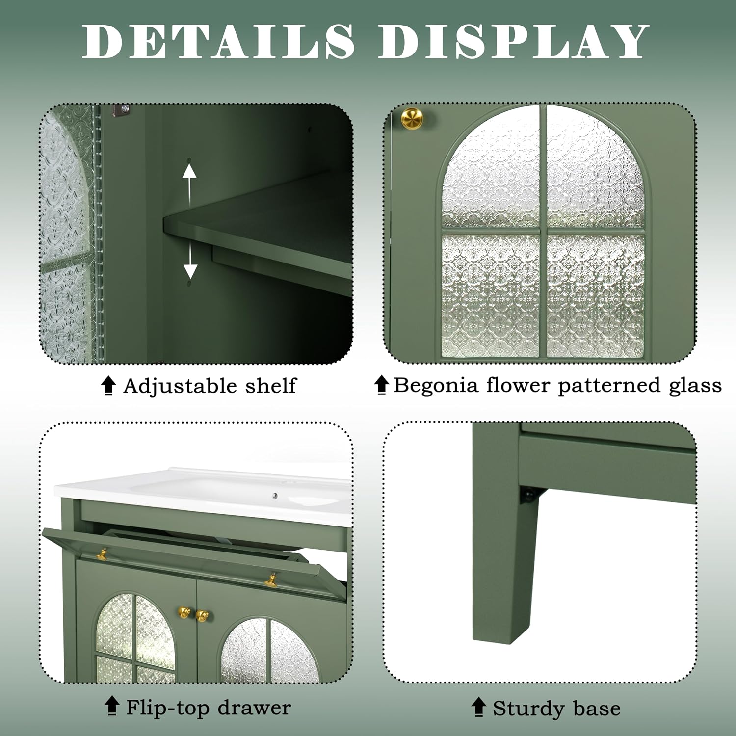 36 inch Bathroom Vanity with Sink Combo, Mid Century Modern Freestanding Bathroom Cabinet with Integrated Ceramic Sink, Flip Top Drawer, Flower Patterned Glass Doors, Adjustable Shelves, Green