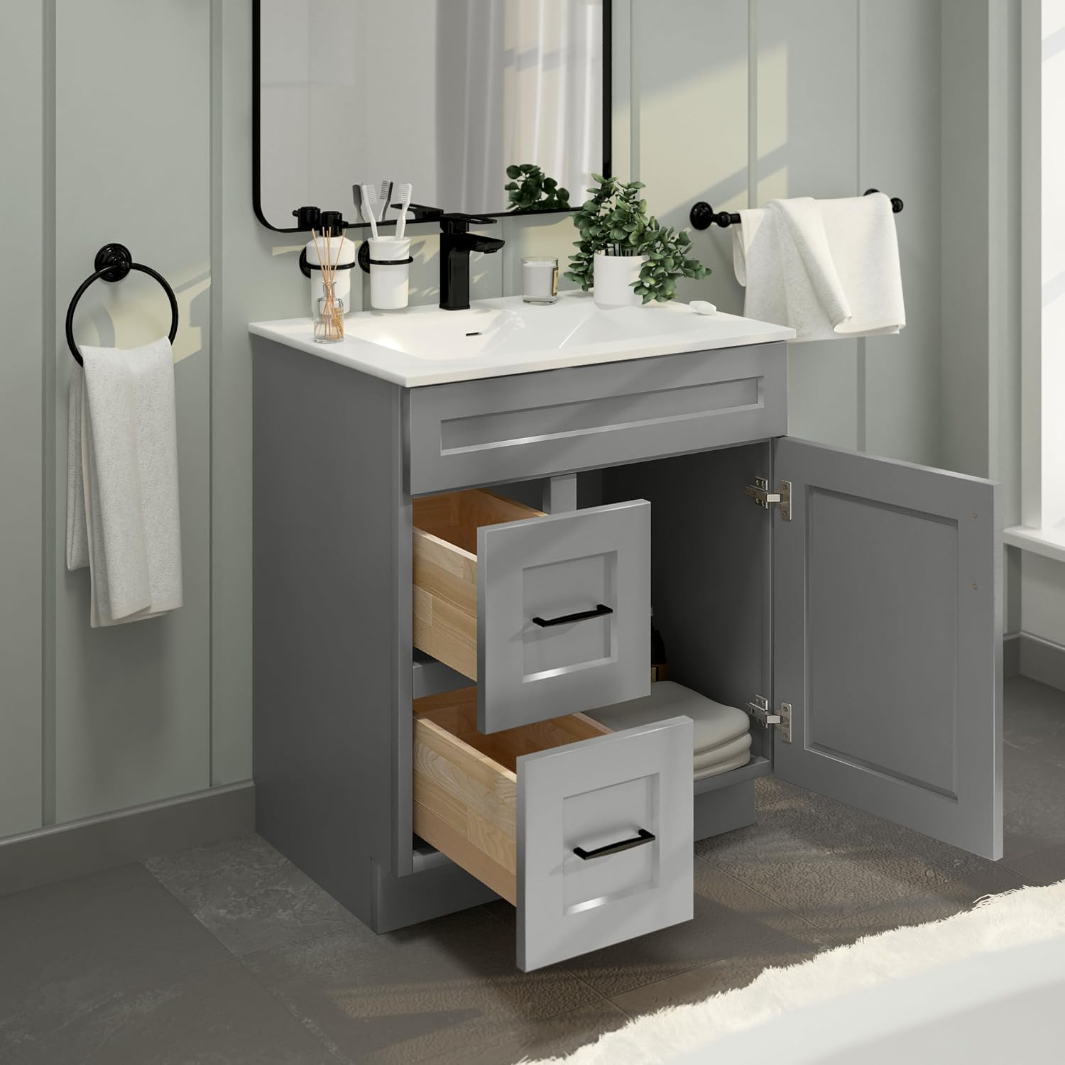 30' Shaker Bathroom Vanity Sink Base with Drawers (Ready-to-Assemble) (Light Grey Shaker Vanity Base)