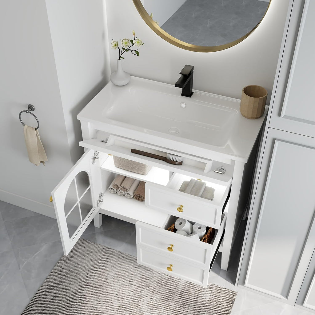 36 inch Bathroom Vanity with Sink, Mid Century Modern Freestanding Bathroom Cabinet with Ceramic Sink, 1 Flip Top Drawer, 2 Storage Drawers, Flower Patterned Glass Door, Adjustable Shelf, White