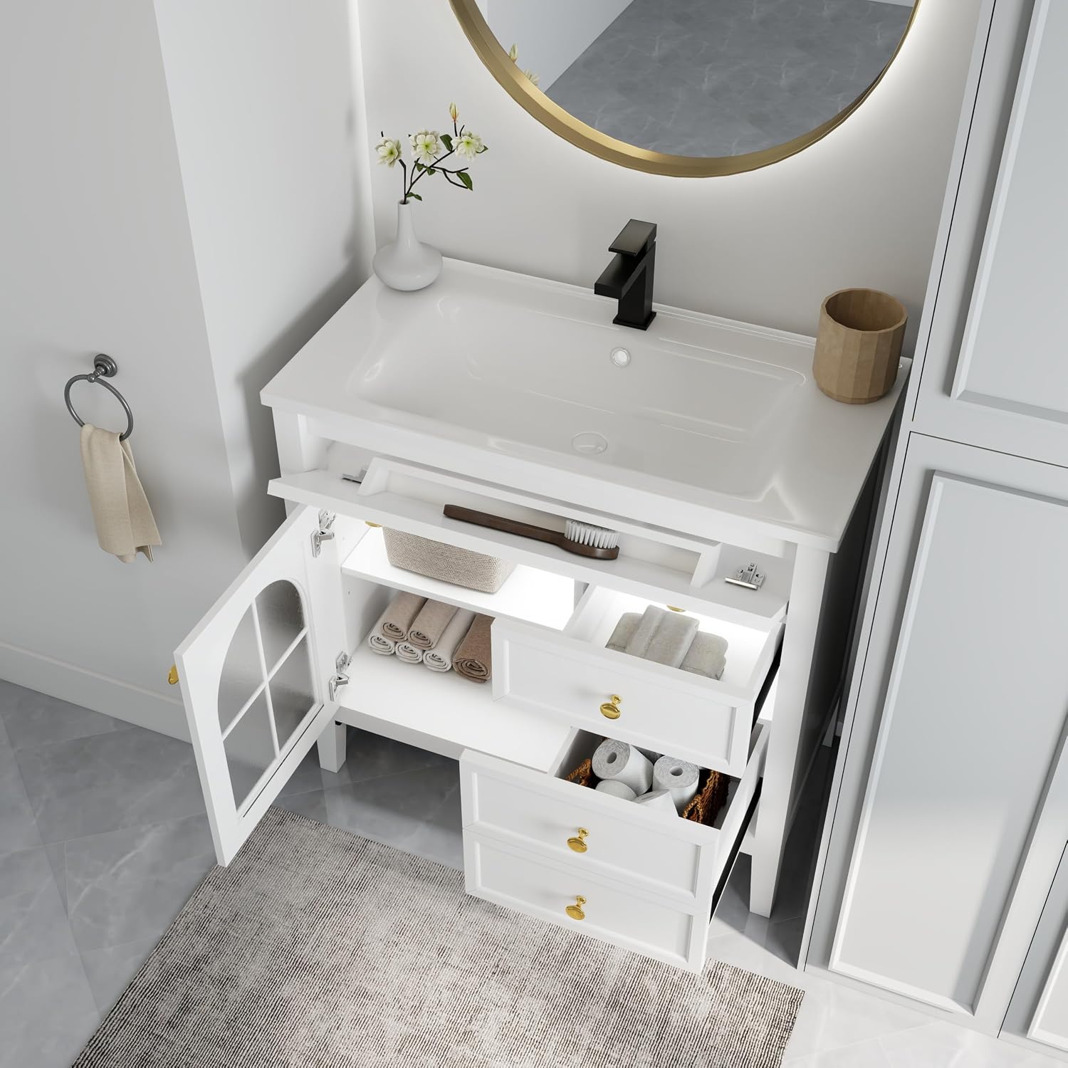36 inch Bathroom Vanity with Sink, Mid Century Modern Freestanding Bathroom Cabinet with Ceramic Sink, 1 Flip Top Drawer, 2 Storage Drawers, Flower Patterned Glass Door, Adjustable Shelf, White