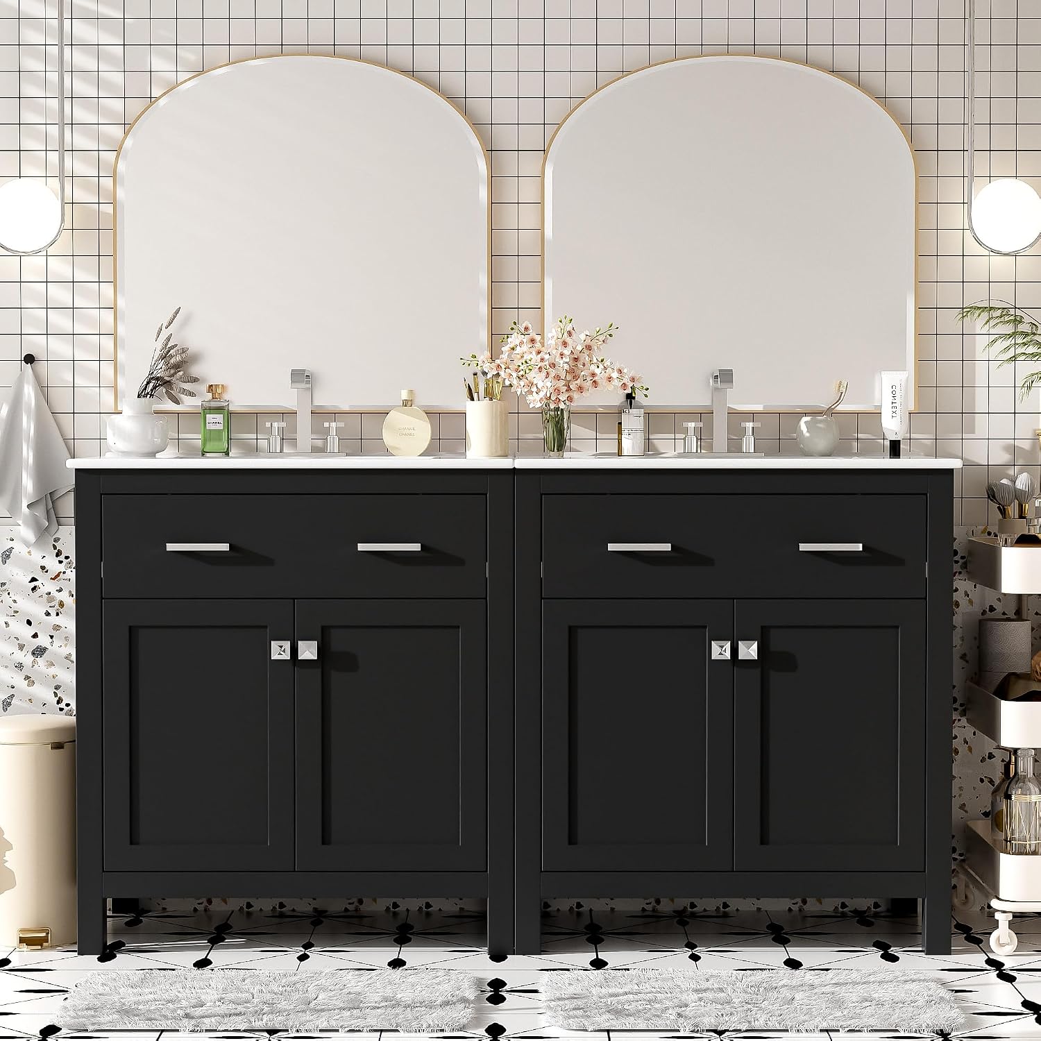 Harper & Bright Designs 60' Bathroom Vanity Set with Double Sink, Vanity Cabinet with Flip Drawer, 2 Doors, and Adjustable Shelf, Solid Wood Bathroom Cabinet with Ceramic Basin for Bathroom, Black