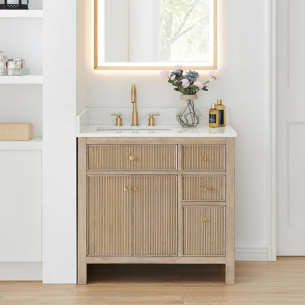 Cerrito 36' Wood Vanity in Nature Oak Engineered Stone Top no Mirror