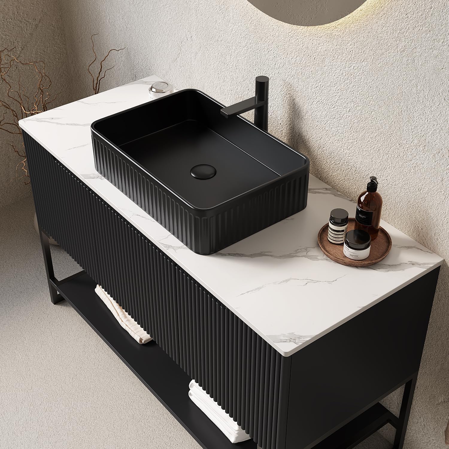 48' Black Bathroom Vanity with Rectangular Ceramic Basin & Marble Top, Freestanding Bathroom Storage Cabinet with 3 Doors and Open Shelf, Modern Single Sink Bathroom Vanities with Soft Close System