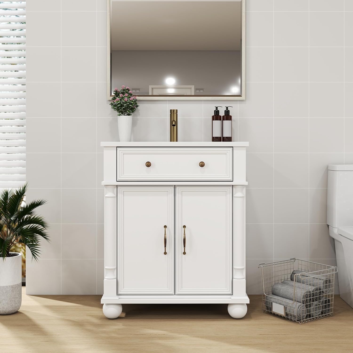 28 inch Bathroom Vanity with Sink, Modern Freestanding Bathroom Vanity Cabinet with Ceramic Sink, Flip Top Drawer, 2 Soft Closing Doors, Adjustable Shelf, Metal Handles, Round Column Base, White