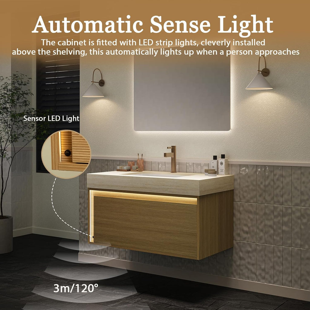 Eleshine 36' Floating Bathroom Vanity with Single Sink, Fluted Cabinet, Sensor LED Light, Roma Travertine Countertop, Light Oak, Pre-Assembled