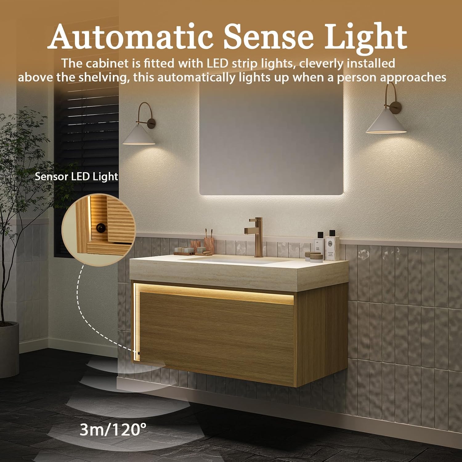 Eleshine 36' Floating Bathroom Vanity with Single Sink, Fluted Cabinet, Sensor LED Light, Roma Travertine Countertop, Light Oak, Pre-Assembled