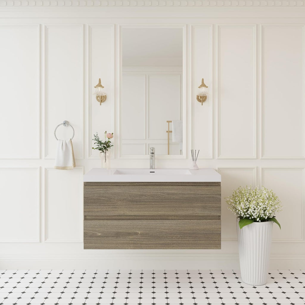 42' Floating Bathroom Vanity with Sink, Wall Mounted Bathroom Storage Vanity Cabinet with Solid Top Basin and Soft Close Drawers, Ash Grey