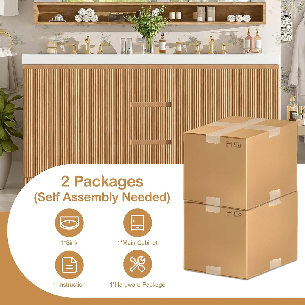 60 Inch Bathroom Vanity with Sink, Modern Fluted Freestanding Double Bathroom Vanity Cabinet with 4 Soft Closing Doors & 3 Drawers, Waterproof Lacquer Finish for Master Bathroom & Family Home