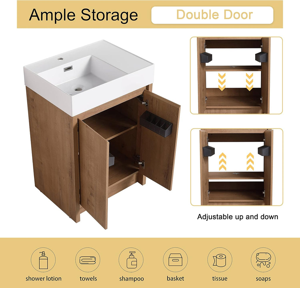 Malwee 24 Inch Freestanding Bathroom Vanity with Sink, 24'' Floor Standing Bathroom Vanity, Modern Vanity with 2 Doors and White Resin Basin Sink Top (036-24)