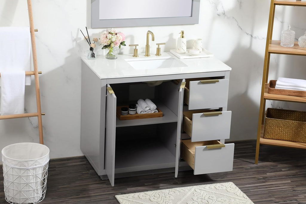 42 Single Bathroom Vanity, with Engineered Marble Top Soft-Close, Grey