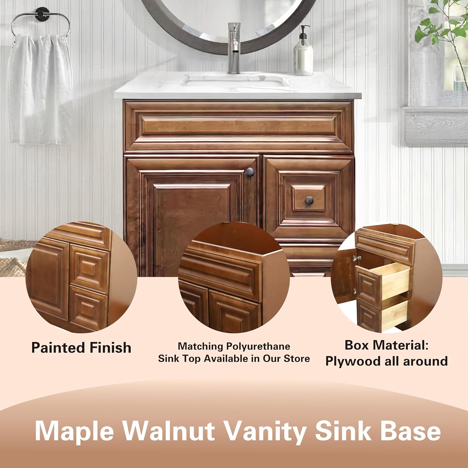 30' Shaker Bathroom Vanity Sink Base with Drawers (Ready-to-Assemble) (Maple Walnut Vanity Base)