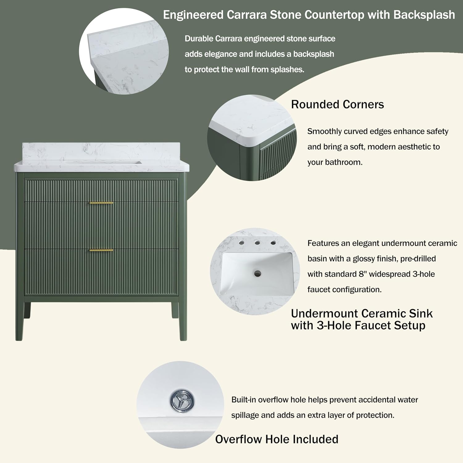 KEIKI 36' Freestanding Bathroom Vanity with Sink,Wood Storage Cabinet with 2 Handle Sets and Engineered Marble Top
