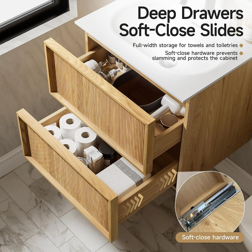 24' Japandi Floating Bathroom Vanity with Sink, Pre-Assembled Japandi Bathroom Sink Vanity, Wall Mounted with Integrated Stone Top and 2 Soft Close Drawers
