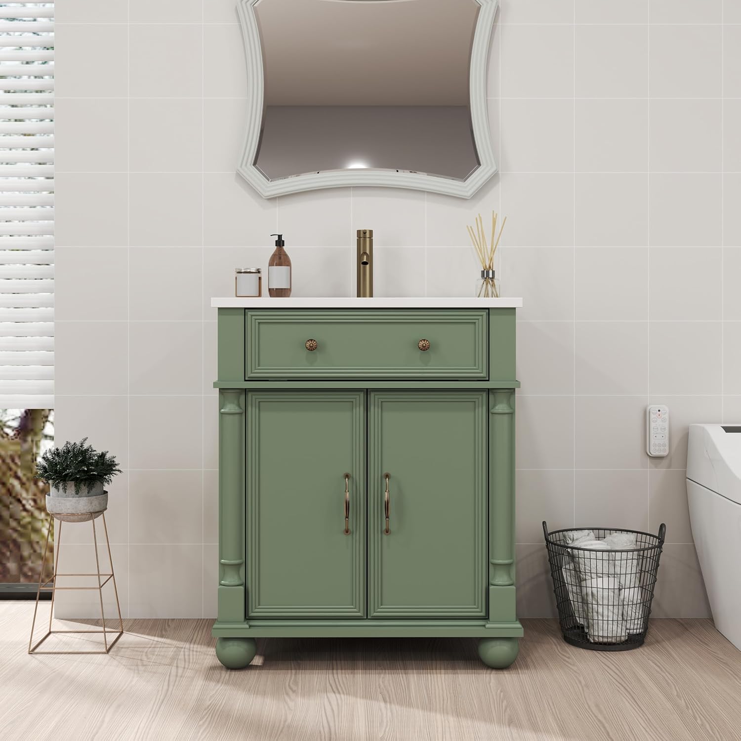 28 inch Bathroom Vanity with Sink, Modern Freestanding Bathroom Vanity Cabinet with Ceramic Sink, Flip Top Drawer, 2 Soft Closing Doors, Adjustable Shelf, Metal Handles, Round Column Base, Green