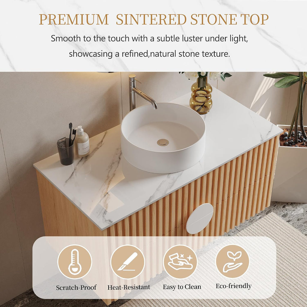 36' Floating Bathroom Vanity with Sink, Modern Wall Mounted Vanity Bathroom Storage Cabinet with Fluted Drawers, White Sintered Stone Top Ceramic Basin, Light Wood