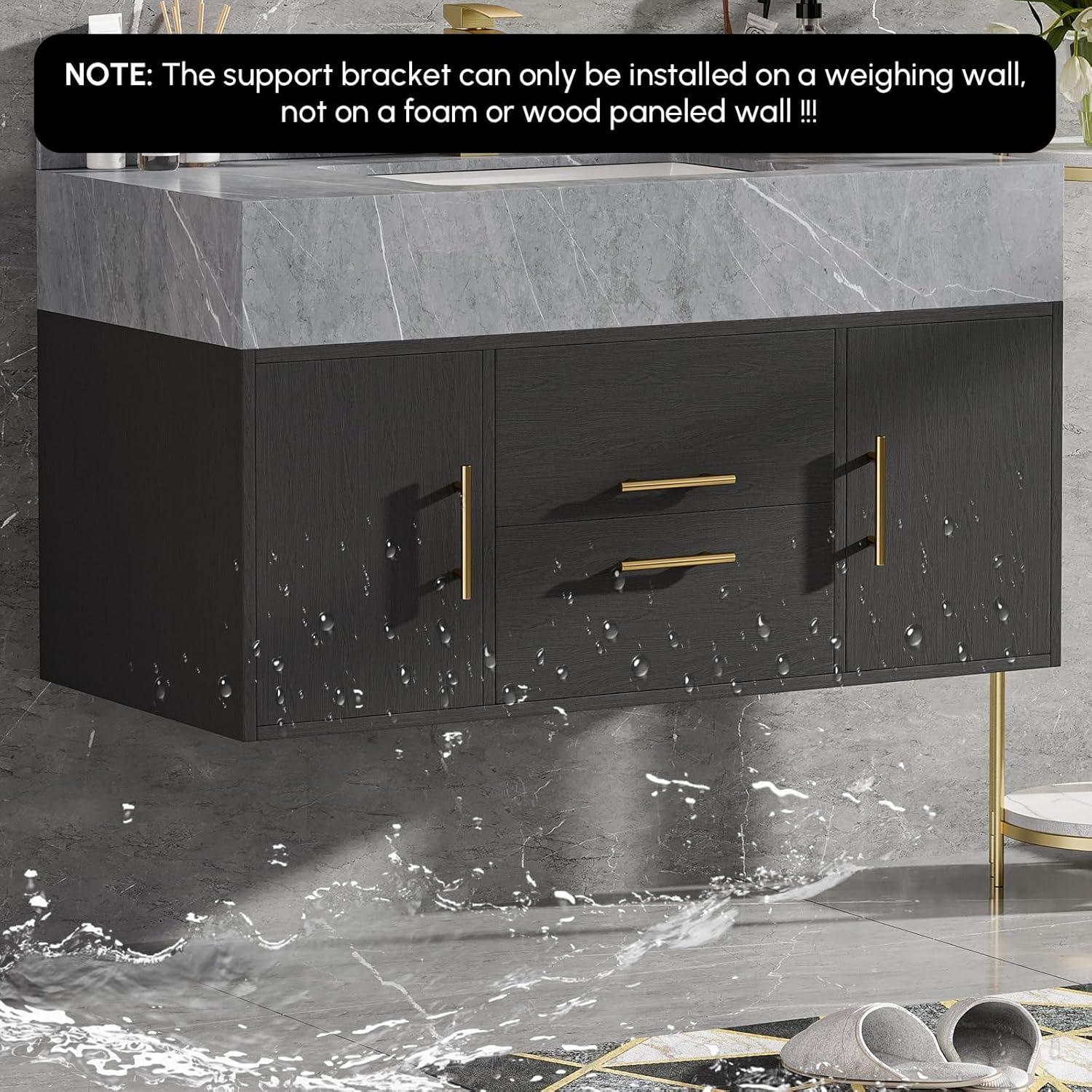 homary 39.4 inch Floating Bathroom Vanity with Single Sink, Modern Design with Sintered Stone Top & Undermount Sink, 2 Soft-Close Drawers for Master & Guest Bathrooms, Black