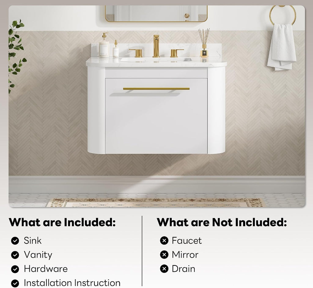 LIKIMIO 30' Bathroom Vanity with Sink, Floating Bathroom Vanity with 1 Drawer, Engineered Stone Countertop with Undermount Ceramic Sink, Wall Mounted Bathroom Vanity, Gold Handle, Easy Assembly, White