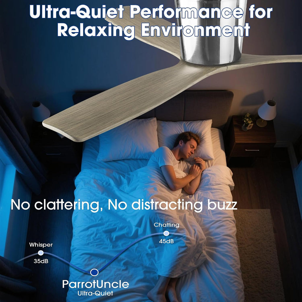 Low Profile Ceiling Fans Without Lights, 54 Inch Flush Mount Ceiling Fan with Remote Control, 3 Wood Blades, Reversible DC Motor Ceiling Fan No Light for Bedroom Living Room, Silver