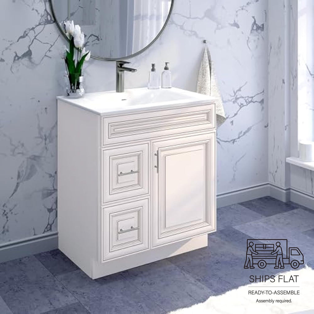 30' Shaker Bathroom Vanity Sink Base with Drawers (Ready-to-Assemble) (Antique White Vanity Base)