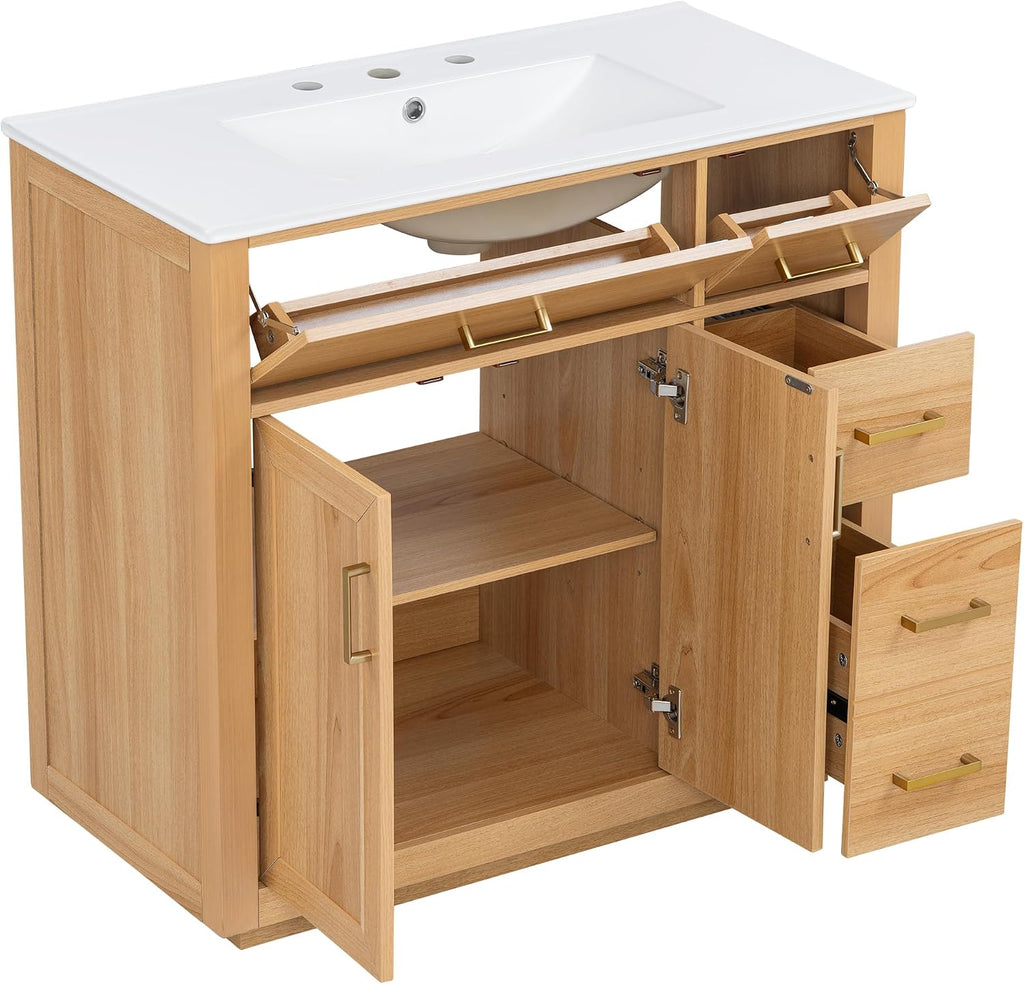 36-inch Bathroom Vanity with Sink Combo, Free-Standing Single Storage Cabinet with 2 Soft-Close Doors & 4 Drawers, Modern Natural Wood Grain Vanity with Ceramic Basin for Bathroom (Wood)