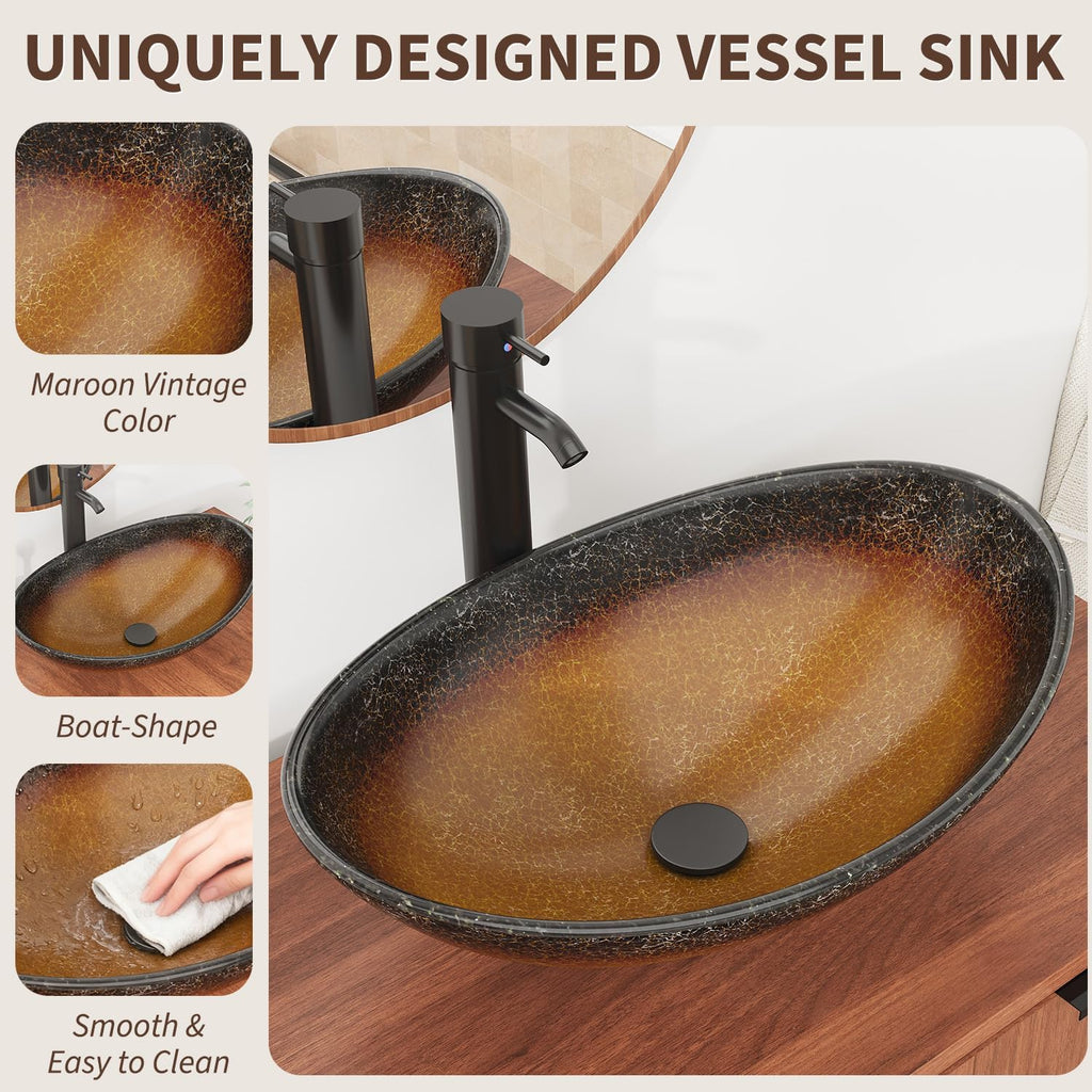 EROMMY 30 Inch Bathroom Vanity with Sink Combo, Bathroom Vanity with 3 Soft-Close Drawers, Adjustable Shelf & Boat Glass Sink, Rustic Standing Bathroom Cabinet Includes Water Tap & Sink Accessories