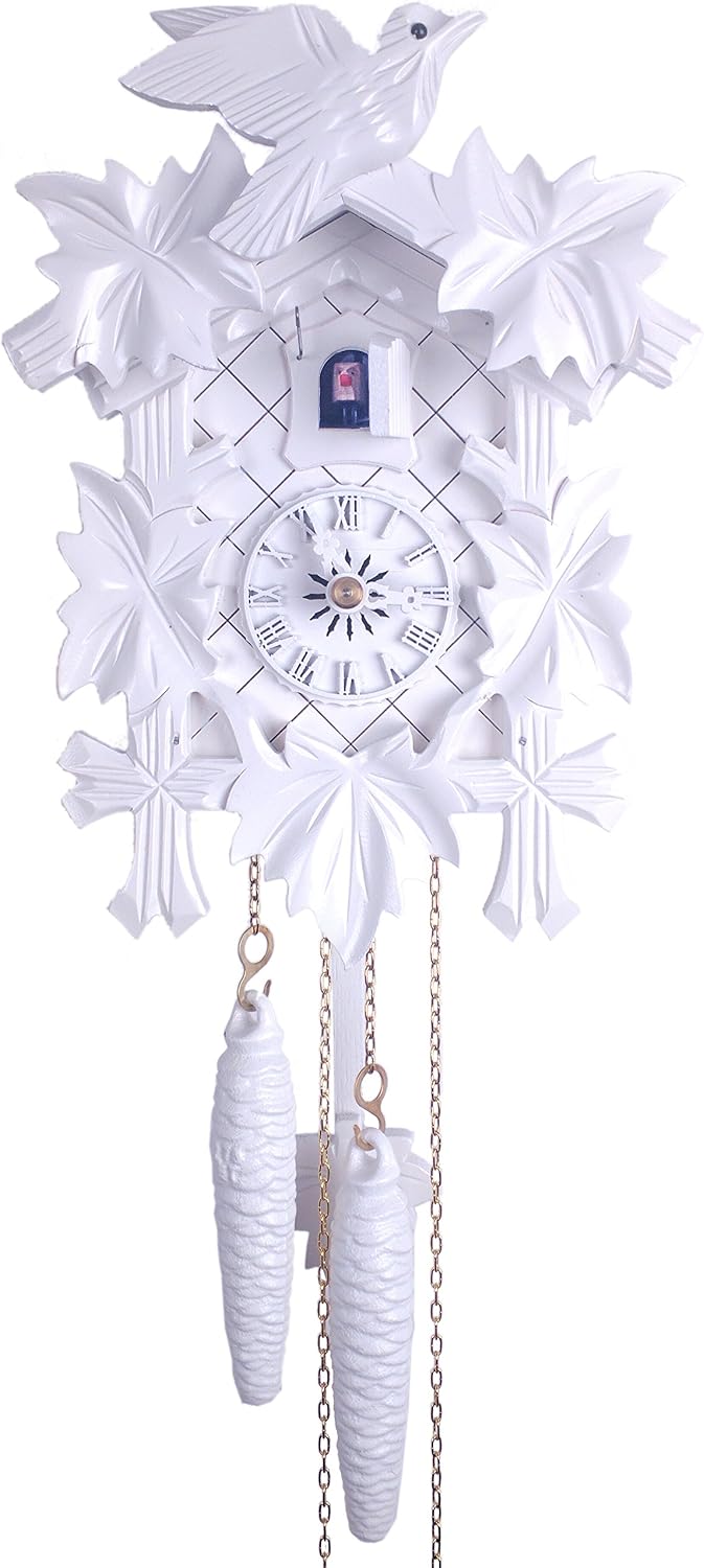11-09W White One Day Cuckoo Clock with Five Leaves, One Bird