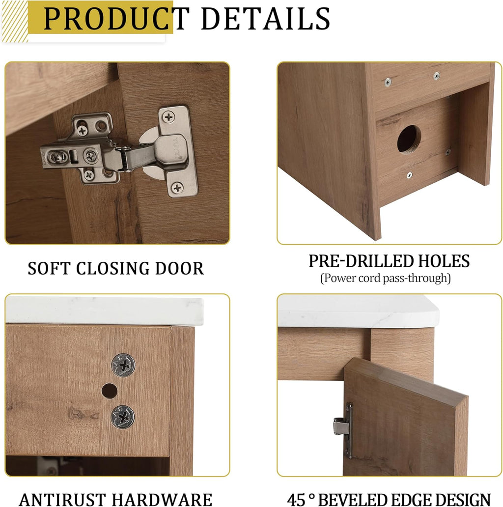 42 Inch Wall-Mounted Bathroom Vanity with Sink Combo Modern Floating Bathroom Vanitites with Round Ceramic Vessel Sink 42' Bathroom Sink Cabinet with Marble Counter Top & 1 Side Storage Shelf
