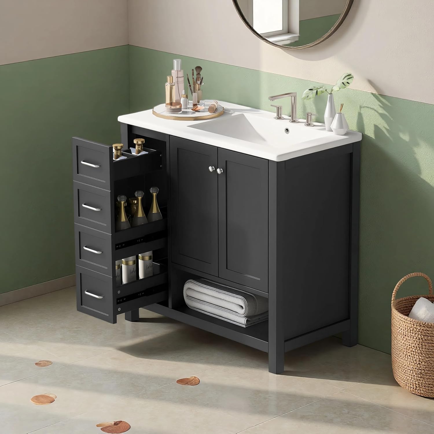 LUMISOL 36 Inch Bathroom Vanity with Sink, Black Freestanding Bathroom Vanity Cabinet with Ceramic Top, 2 Soft-Close Drawers, Open Storage Shelf & Single Offset Sink, Black