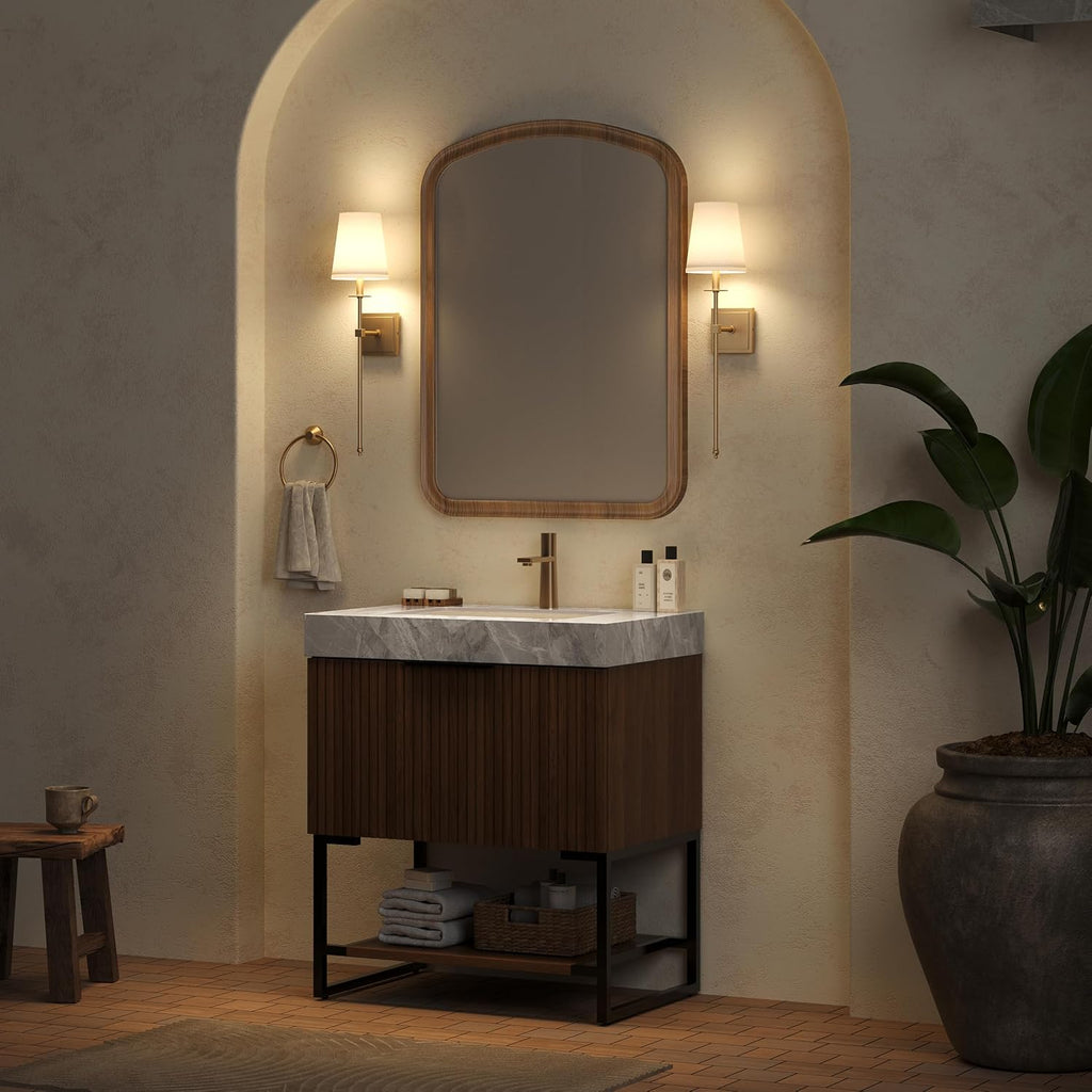 30'' Modern Bathroom Vanity with Sink, Freestanding Plywood Cabinet with Light Gray Sintered Stone Top & Undermount Ceramic Basin, Bathroom Vanities Cabinet W/Drawer and Open Shelf-Lund, Dark Walnut/S