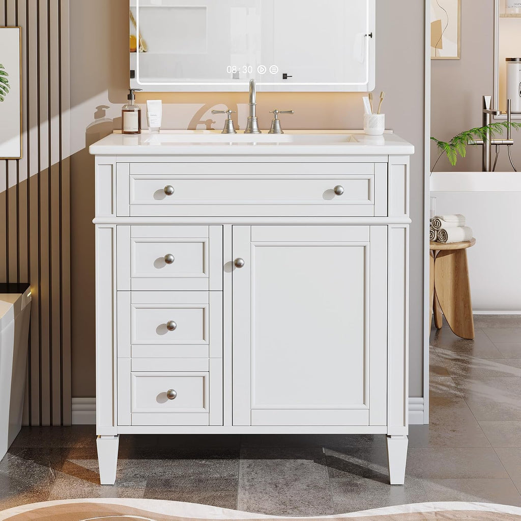 Tribesigns 30-Inch Bathroom Vanity with Sink, Modern Bathroom Sink Cabinet with 3 Drawers & 2 Doors, Bath Storage Vanity Sink with Metal Handles, Solid Wood Frame, Paint Surface White