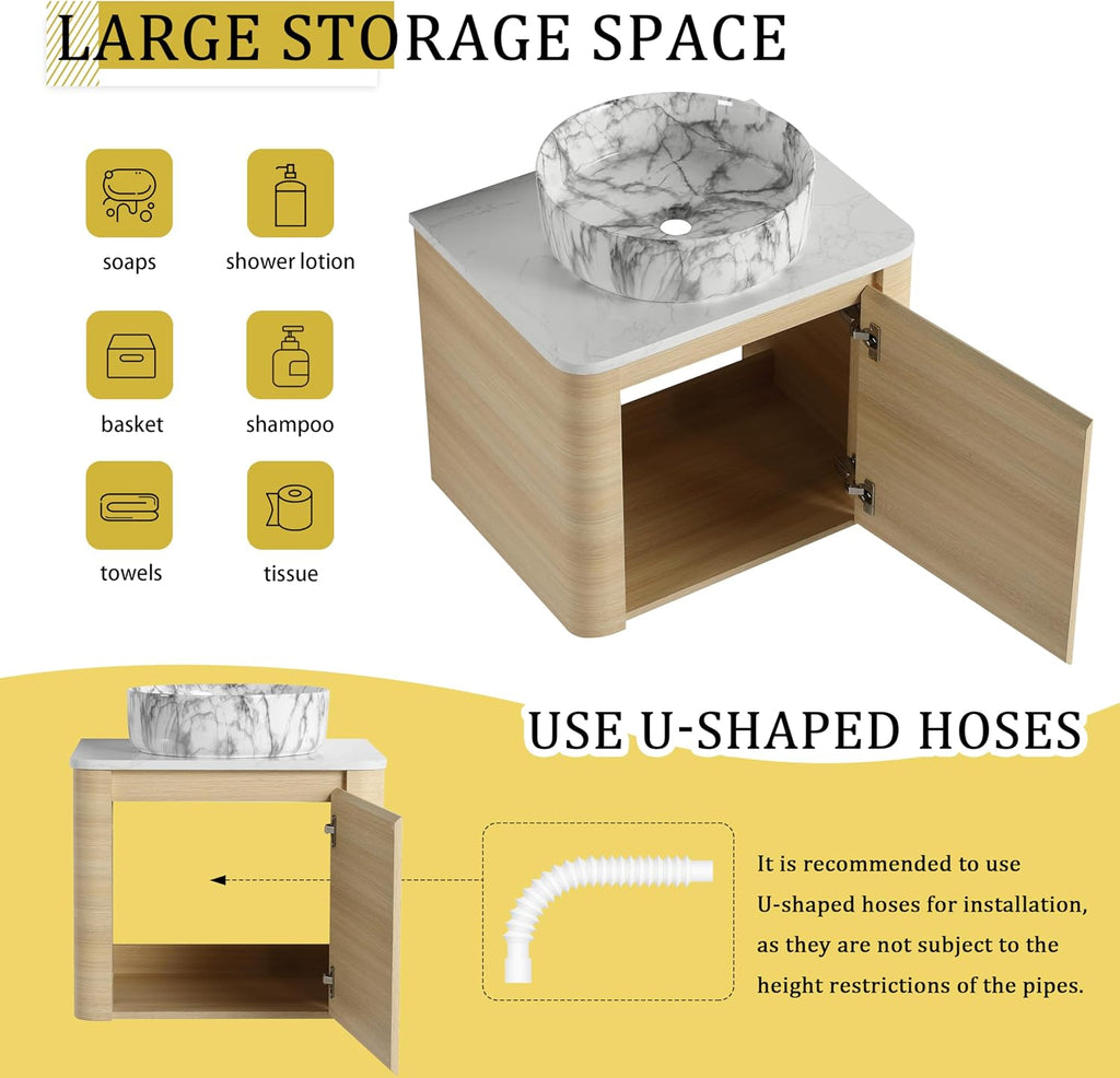 24 Inch Wall-Mounted Bathroom Vanity with Sink Combo Modern Floating Bathroom Vanitites with Round Ceramic Vessel Sink 24' Bathroom Sink Cabinet with Marble Counter Top & Soft Closing Door