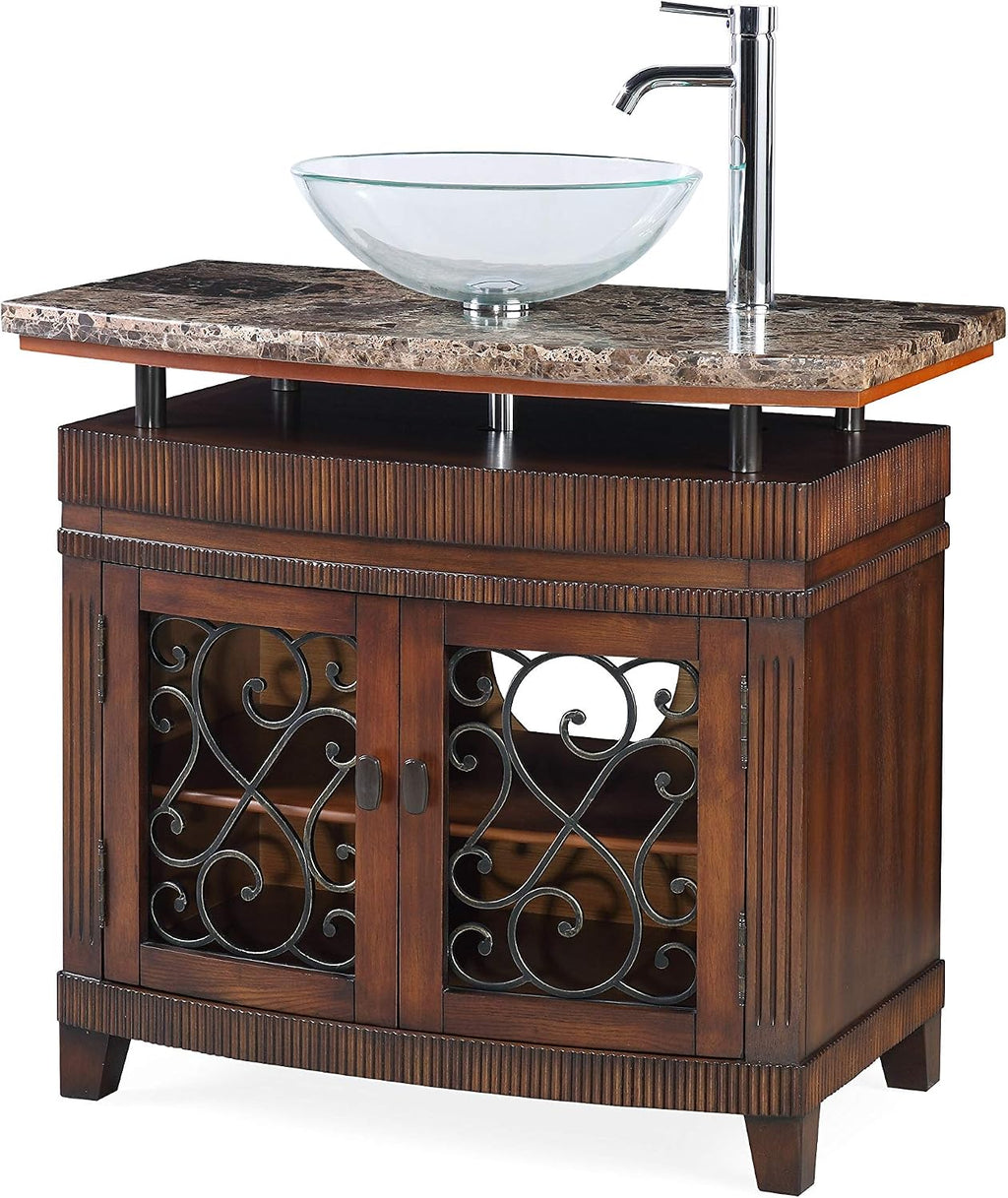 36 Inch Artturi Bathroom Vanity, Traditional Classic Style, Vessel Sink Design, Natural Stone Top with Clear Glass Bowl, Single Sink, 2 Cabinet Doors