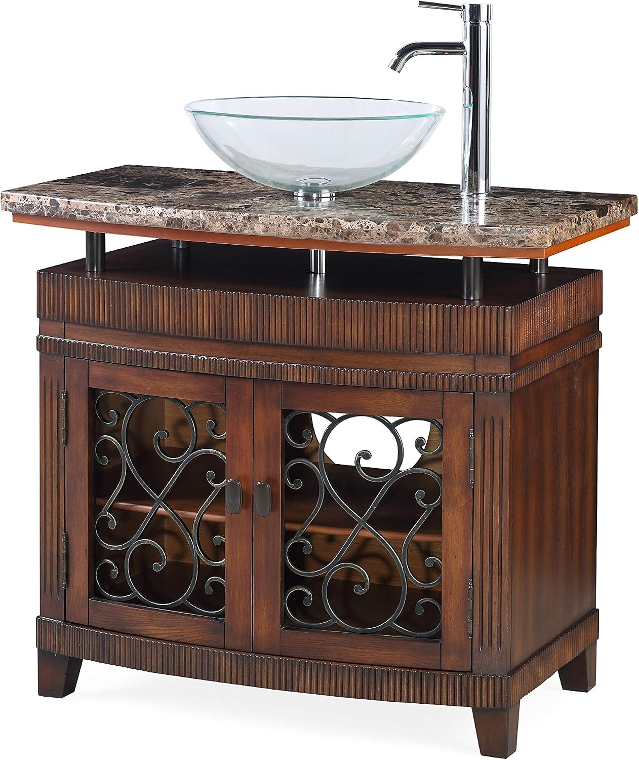 36 Inch Artturi Bathroom Vanity, Traditional Classic Style, Vessel Sink Design, Natural Stone Top with Clear Glass Bowl, Single Sink, 2 Cabinet Doors