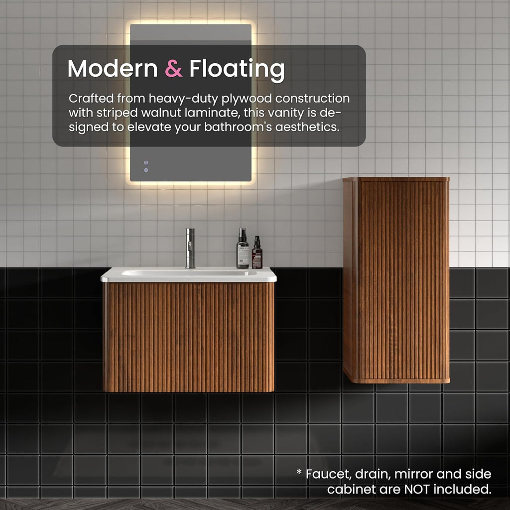 24 Inch Bathroom Vanity with Sink, Modern Floating Vanity with Push Open Drawer, Large Storage for Small Space, Apartment, Hotel, Walnut, Fully Assembled - Camellia Collection