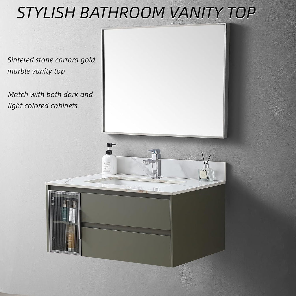 31 Inch Bathroom Vanity Top with Undermounted Large Ceramic Sink & Backsplash, Sintered Stone Artificial Marble Vanity Sink Tops with 1 hole, Carrara Gold