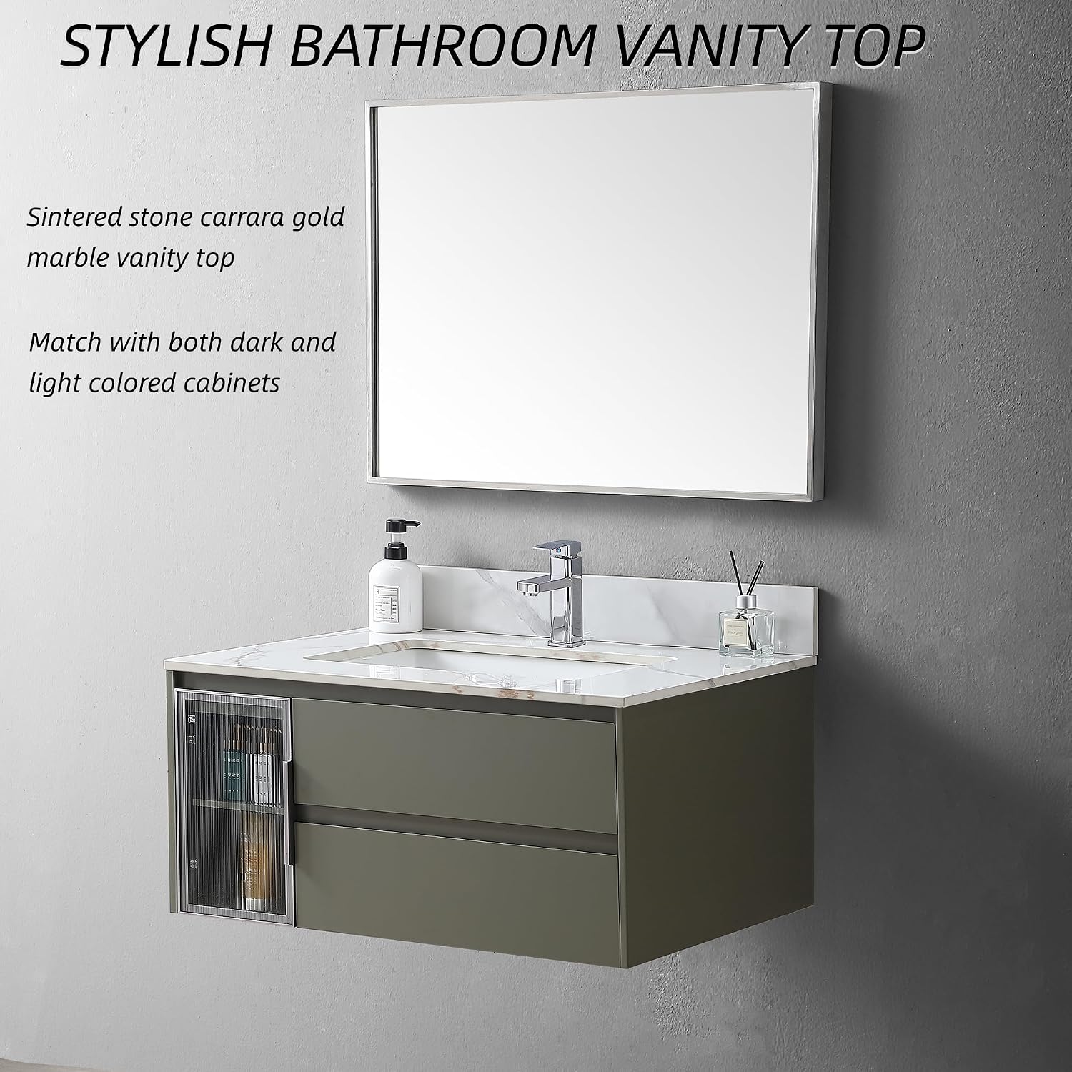 31 Inch Bathroom Vanity Top with Undermounted Large Ceramic Sink & Backsplash, Sintered Stone Artificial Marble Vanity Sink Tops with 1 hole, Carrara Gold