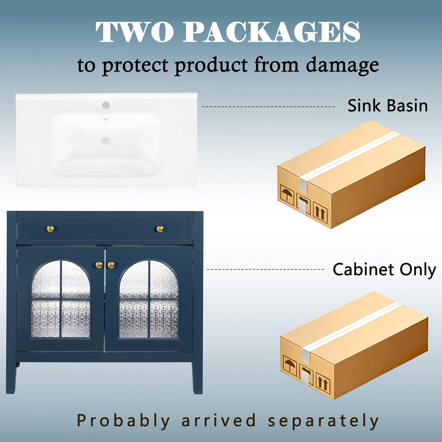 36 inch Bathroom Vanity with Sink Combo, Mid Century Modern Freestanding Bathroom Cabinet with Integrated Ceramic Sink, Flip Top Drawer, Flower Patterned Glass Doors, Adjustable Shelves, Blue