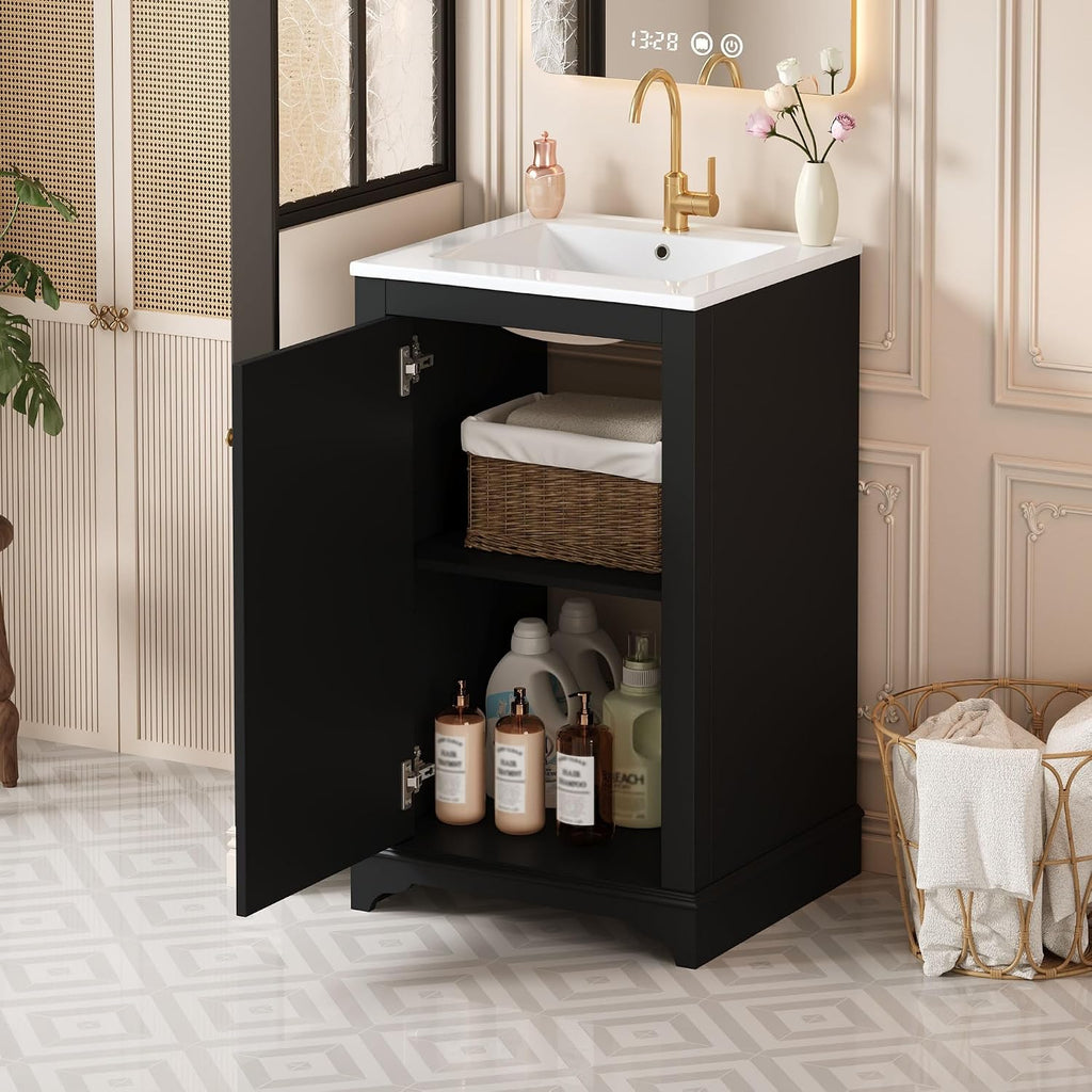 20-inch Bathroom Vanity with Sink Combo, Free-Standing Single Bathroom Storage Cabinet with Soft Close Door & Adjustable Shelf, Wooden Vanity Set with Ceramic Basin for Bathroom (Black)