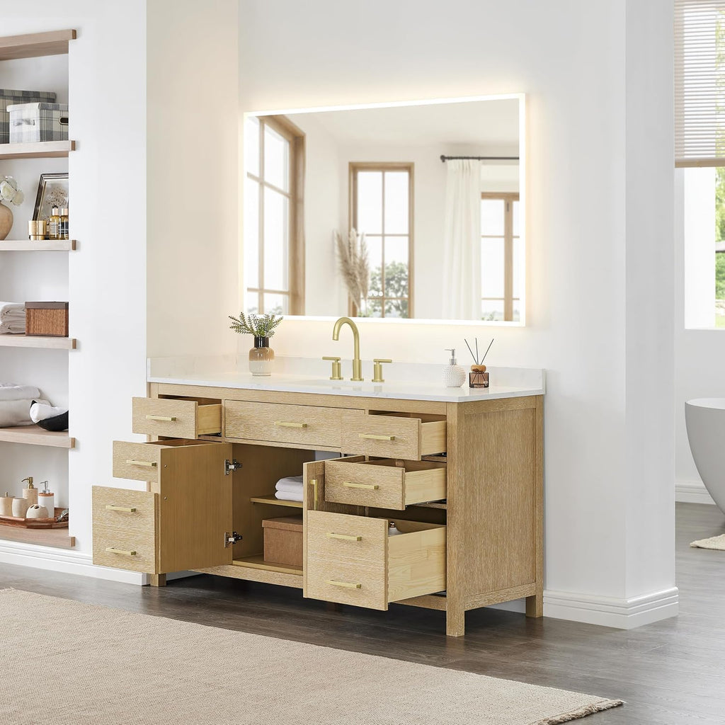 Wyndham Collection Beckett 66 Inch Single Bathroom Vanity in Whitewashed Oak, Carrara Cultured Marble Countertop, Undermount Square Sink (3-Hole), Brushed Gold Trim
